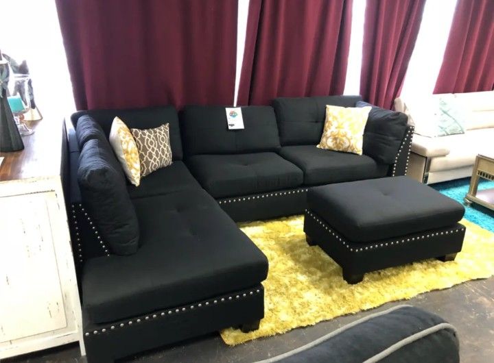 Brand New Black Linen Sectional Sofa +Ottoman (New In Box)
