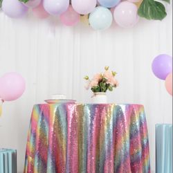 DUOBAO Rainbow Sequin Tablecloth Round 60 Inches Shimmer Birthday Decor Sequence Rounds Table Cloths Wedding Tables Decor Glitter Tablecloths Overlay