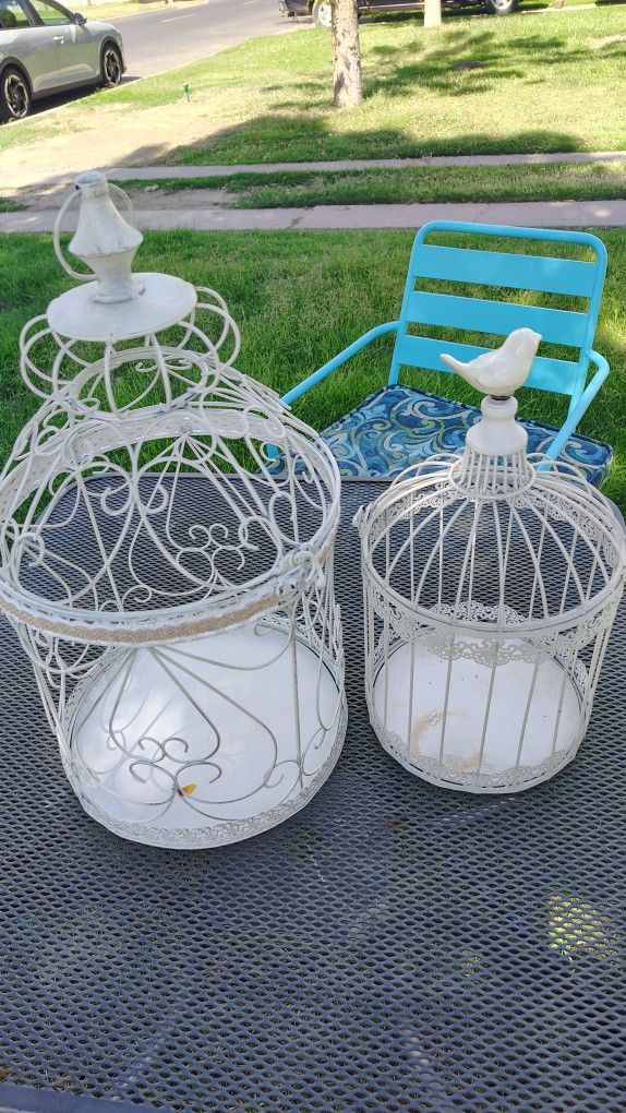 Two Adorable Metal Beige,White Bird Cages Decor
