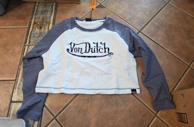 Von Dutch Cropped Raglan Sweatshirt - White & Dusty Blue - Embroidered Logo - Size M - New