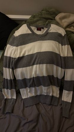 Gray and White Striped V-Neck Sweater