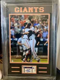 DUAL SIGNED Buster Posey and Chris Heston w/ inscription 16x20 Photo, Dual Matted and Framed along with signed and inscribed ticket from game.