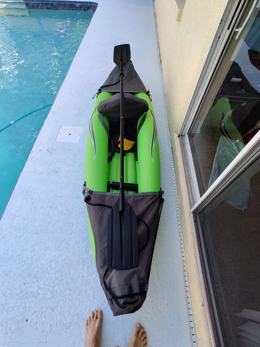 Two Inflatable Kayaks with Backpacks Paddles and Life Jackets