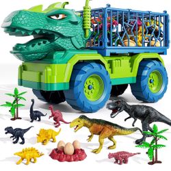 Dinosaur Truck Toys for Kids 3-5 Years, Tyrannosaurus Transport Car Carrier Truck with 8 Dinosaur Figures, Activity Play Mat, Dinosaur Eggs, Trees, Ca