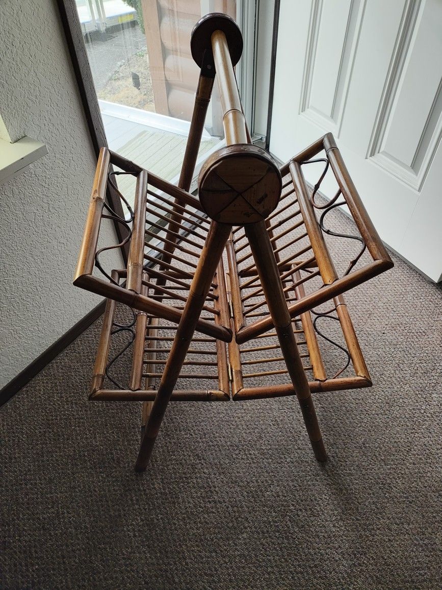 Unique Bamboo Type Stand. Last Pic Shows It Folded For Storage. Use For Towels In Bathroom, Newspapers Or Whatever