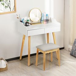 Modern Vanity Set with Stool and Round Mirror, White