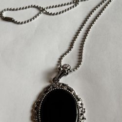 Large Black Onyx Type Singed Pendant On Long Silver Chain 