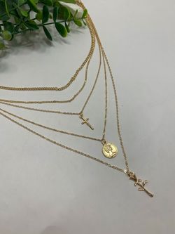 Rose Flower Cross Round Chain Pendant Multilayer Necklace