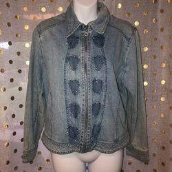 C.D. Petites Size M Denim Rhinestone Hearts Full Zip Jacket   There’s A Small Spot On Sleeve   See Pics