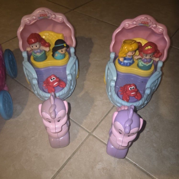 Princess Carriages, Little People, Mermaid Cinderella, and All Light Up W Music, $20 each. Comes with 3 Princesses, 4 available.