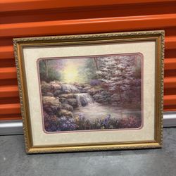 Framed Landscape Art Print Waterfall Floral Garden Gold Frame 18x22