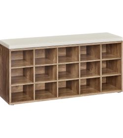 Shoe Bench with Cushion, 15 Compartments, 11.8 x 41.3 x 18.9 Inches Entryway Storage Bench with Padded Seat, for Bedroom, Honey Brown and Cappuccino B