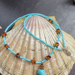 Turquoise Heishi, Nugget and Amber Sterling Silver Vintage 16” Necklace