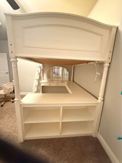 white Pottery Barn Teen Chelsea Vanity Loft Bed with a built-in desk, storage, and stairs