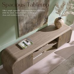 E908 $140  70" Modern Fluted TV Stand, Long TV Table Entertainment Center with Storage, Media Console for Living Room with Door and Adjustable Shelves