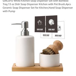 GIRLUFO White Kitchen Soap Dispenser Set with Bamboo Tray, 13 oz Dish Soap Dispenser Kitchen with Pot Brush, 4pcs Ceramic Soap Dispenser Set for Kitch