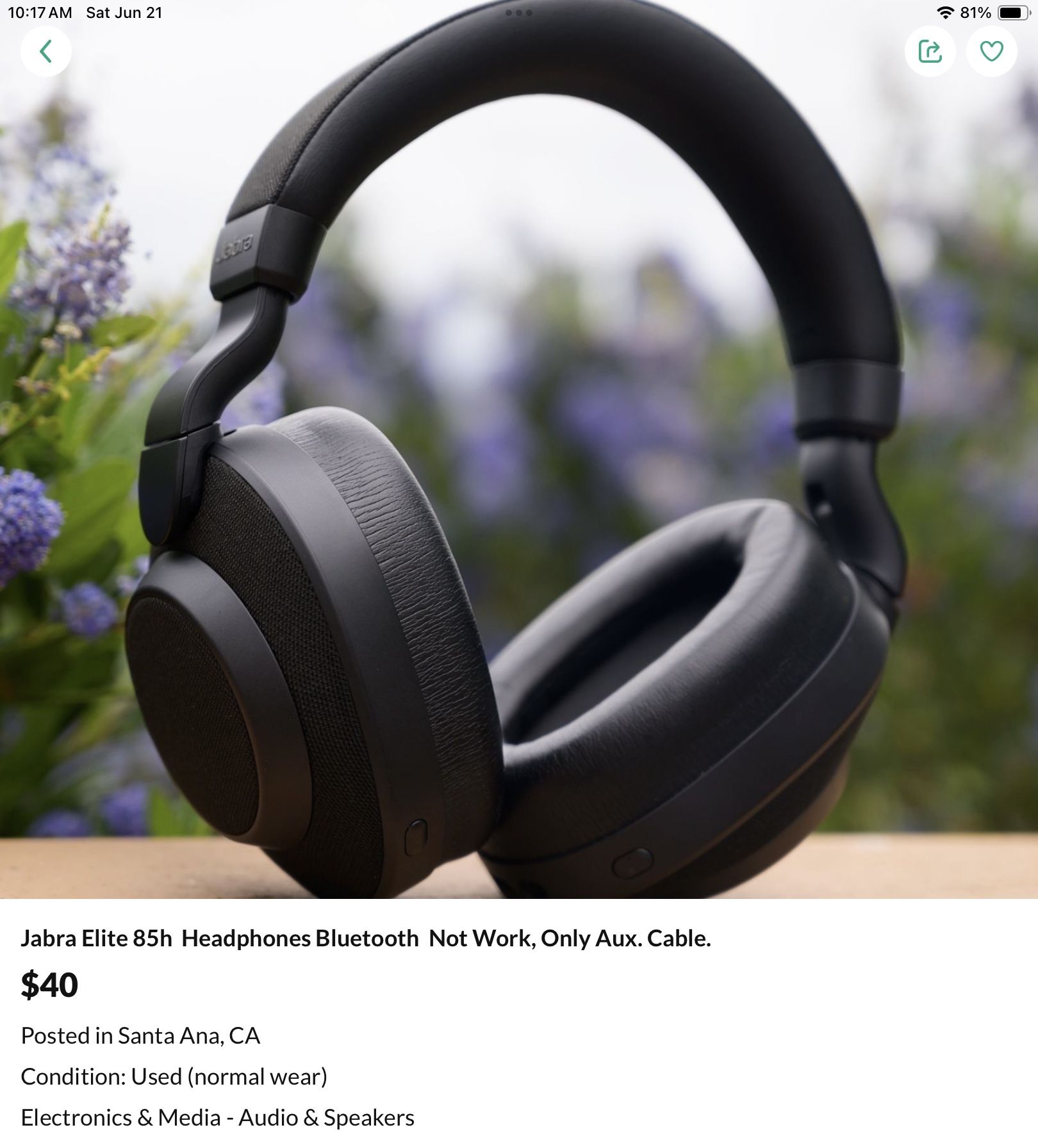 Jabra Elite 85h Headphones, Bluetooth No Work, Only With Aux. Cable.