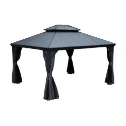 10'x12' Hardtop Gazebo with Resin Roof, Outdoor Metal Gazebo with Drainage Gutters, Permanent Heavy Duty Pavilion for Patio, Backyard and Deck, Curtai