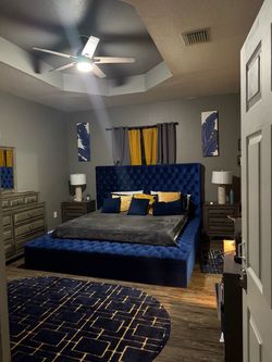 Navy Blue Velvet Tufted King Bed Frame