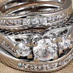 ♥️NEW 3 PC SILVER ZIRCON WEDDING ENGAGEMENT RING  SET SIZES 6-10♥️