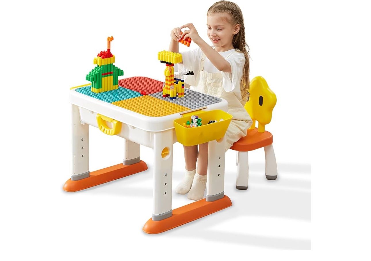 Kids Building Block Activity Table with Storage and Chair Set