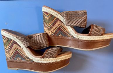 Lucky brand slip on high heel cork wedge sandals sz 7.5