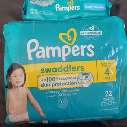 BAG OF PAMPERS SWADDLERS SIZE 4/22 DIAPERS & PACK OF PAMPERS WIPES (72 COUNT) FOR $12/$12 POR LOS 2