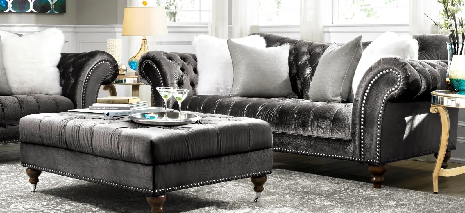 Raymour & Flanigan tufted Duchess Sofa and Loveseat Set gray