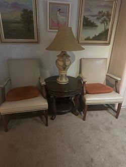 2 Upholstered Accent Chairs + Round Wood Table + Lamp
