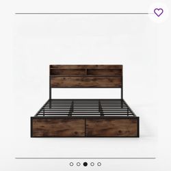 King Bed Frame with Bookcase Headboard and Charging Station