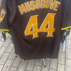 Size Small, Medium, Large, and XL.      Nike San Diego Padres Musgrove #44 Brown Yellow MLB Baseball Jersey