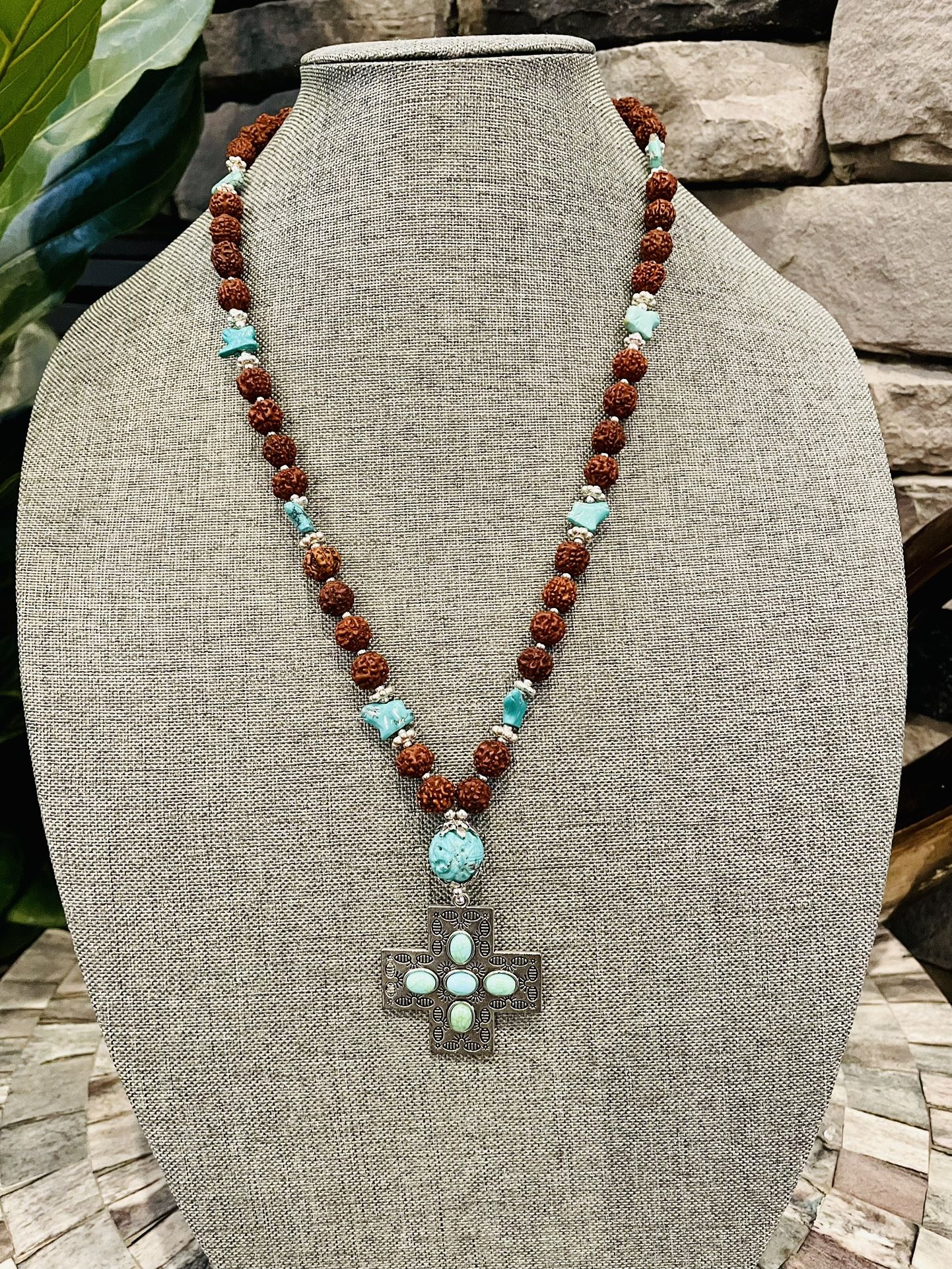 Turquoise Seals And Rudraksha Necklace With Cross Pendant