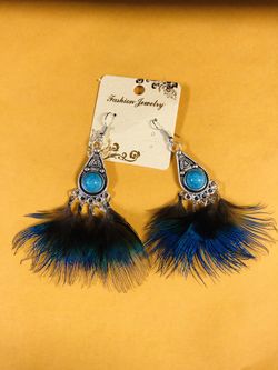 Faux turquoise and feather earrings