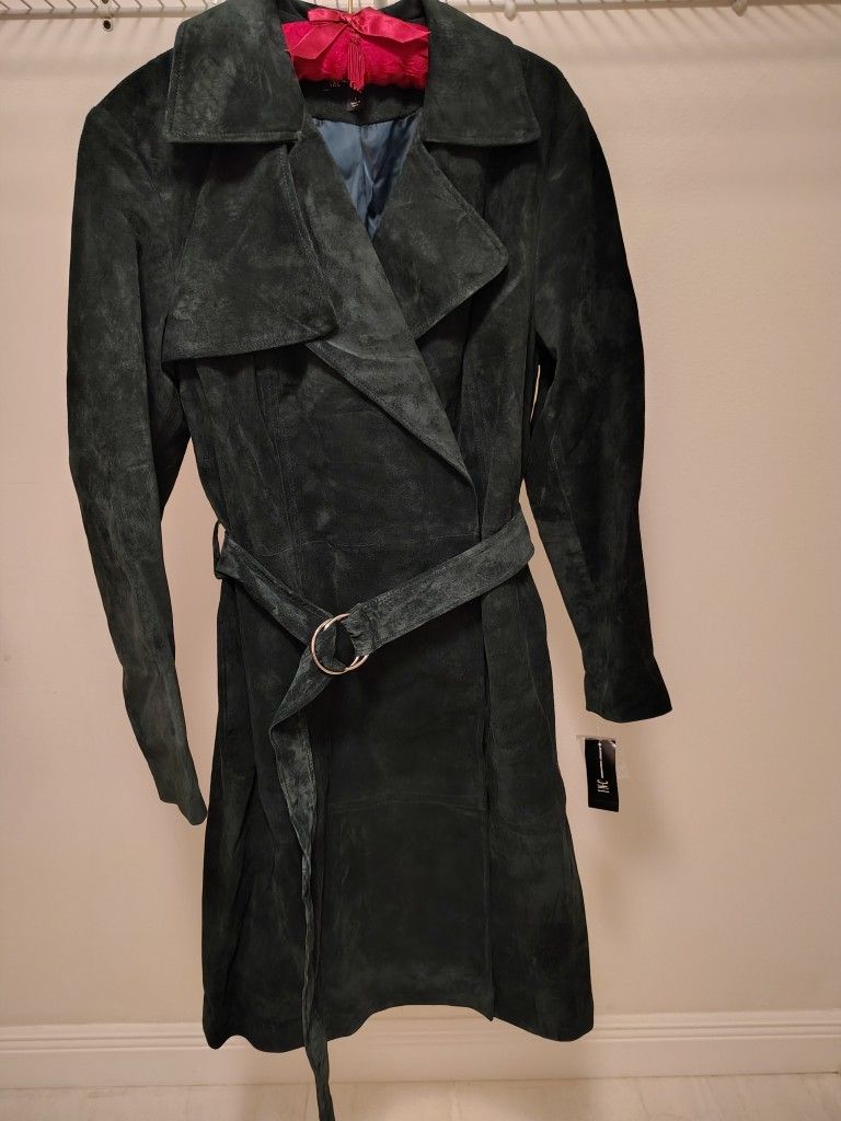 Women's Dark Teal Suede Trench Coat