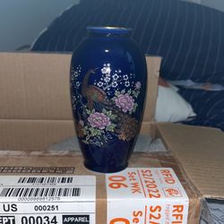 Vintage Cobalt Blue Peacock Pink Peony Cherry Vase Japan Gold Accents ~ 6”