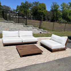 Restoration Hardware OAK BRÛLÉ SLED SOFA, chair , & coffee table.