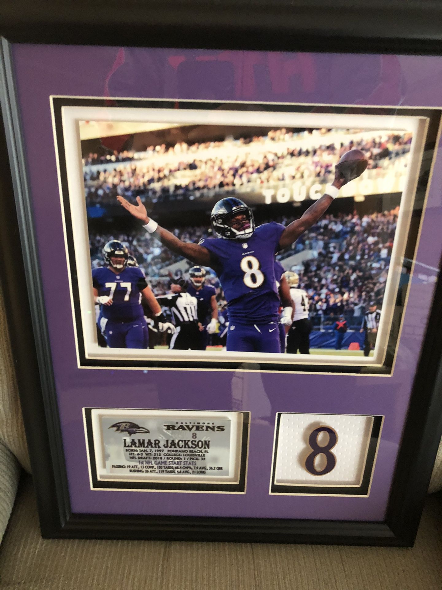 Lamar Jackson, Baltimore Ravens QB, framed 11x14 3D, Triple Matted In Ravens Purple, Black, n White, Lamar Stats, Jersey Piece n Number and 8x11 Acti