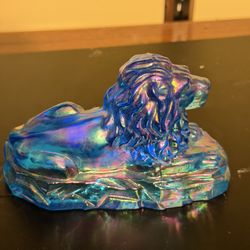 Fenton Art Glass 1998 Azure Peacock Blue Iridescent Carnival Mane Lion Figurine
