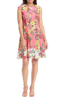London Times Women’s Pink Floral A-Line Knee-Length Dress Sleeveless Petite 12