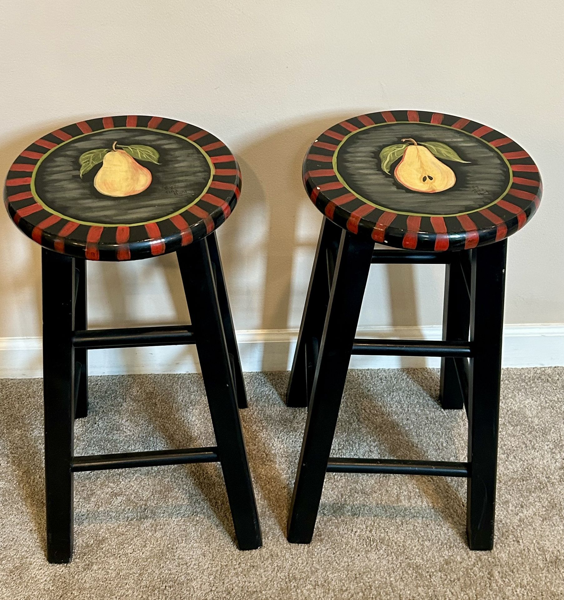 Set of Two (2) John Thomas Whimsical Round Top Stools, Hand Painted & Signed by Tina Hunt