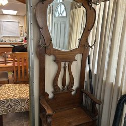 Old Wood Chair With Hat Hooks And Mirror 