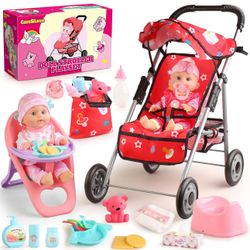 New-Baby Doll Stroller Set - A 12.5" Baby Doll with Doll Accessories & 2 Sets Clothes, Baby Doll Stroller for Toddlers 3-5, Toy Stroller for Kids, Gif