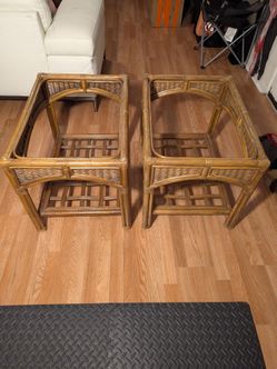 Pair Vintage Coastal Rattan End Table Bases Arched Boho Wicker Side Tables NO GLASS