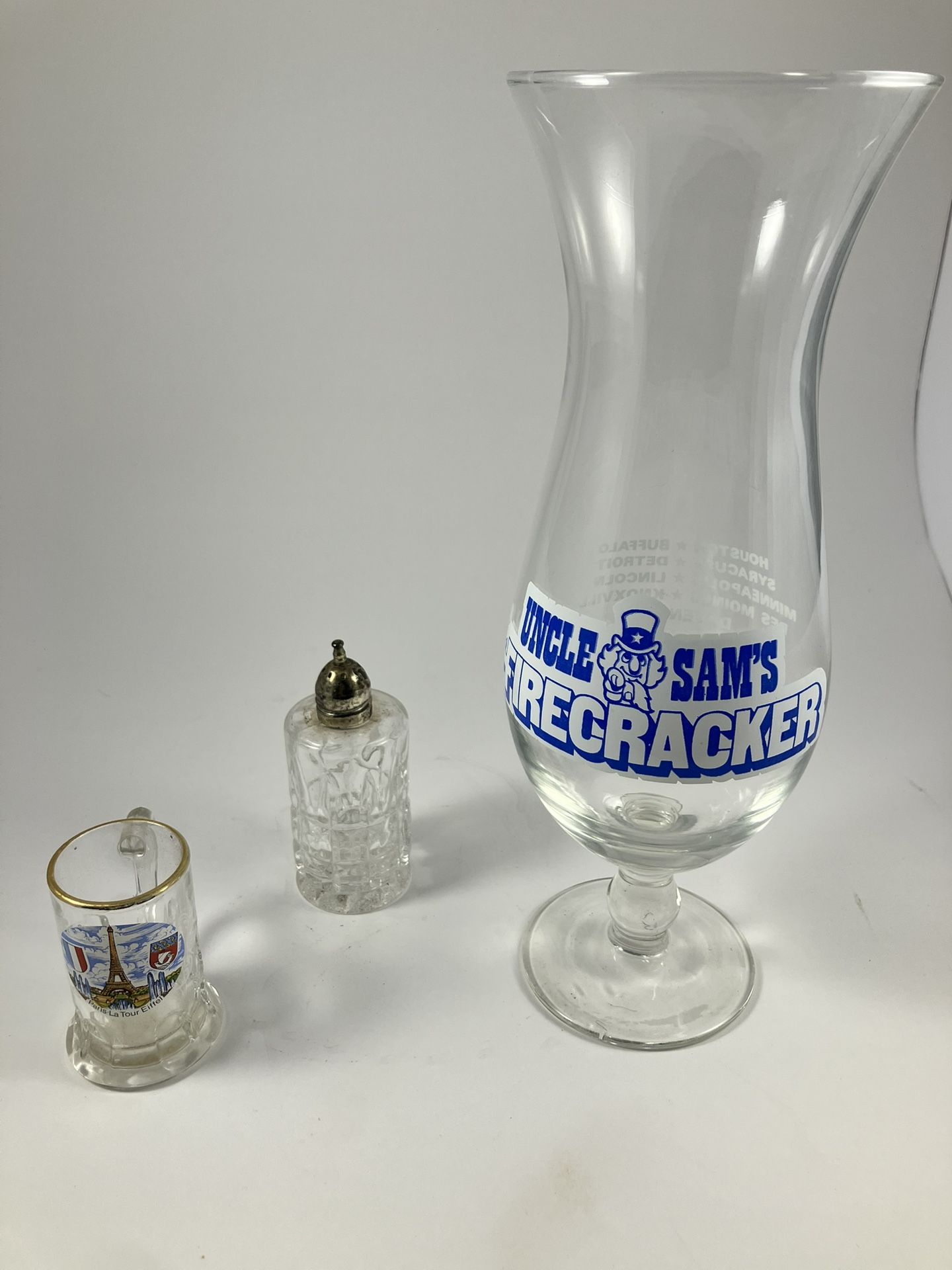 Vintage Barware Bundle – Rare Uncle Sam’s Firecracker Glass + Paris Shot + Crystal Sugar Shaker – $30