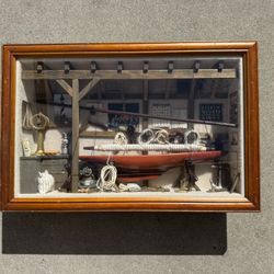 Vintage Nautical America’s Cup Yacht Builder Boathouse Wooden Shadow Box Diorama