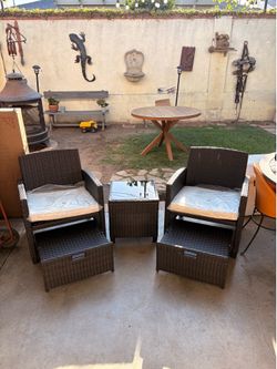 5 Pieces Patio Conversation Set, PE Wicker Outdoor Furniture Set with 2 Chairs, 2 Ottomans & Tempered Glass Coffee Table, Ideal for Poolside, Backyard