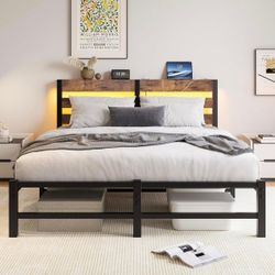 Queen Size Metal Platform Bed Frame with Wooden Headboard - New In Box
