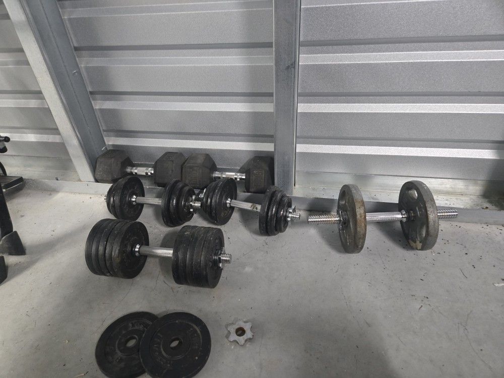Weight Bench, Bar, Weights, Dumbells