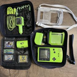 Nintendo Game Boy Color Kiwi Green Bundle w/ Games, Case, Worm Light & Charger