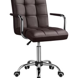 PU Leather Mid-Back Task Desk Chair Modern Adjustable Swivel Home Office Chair with Smooth Casters Brown